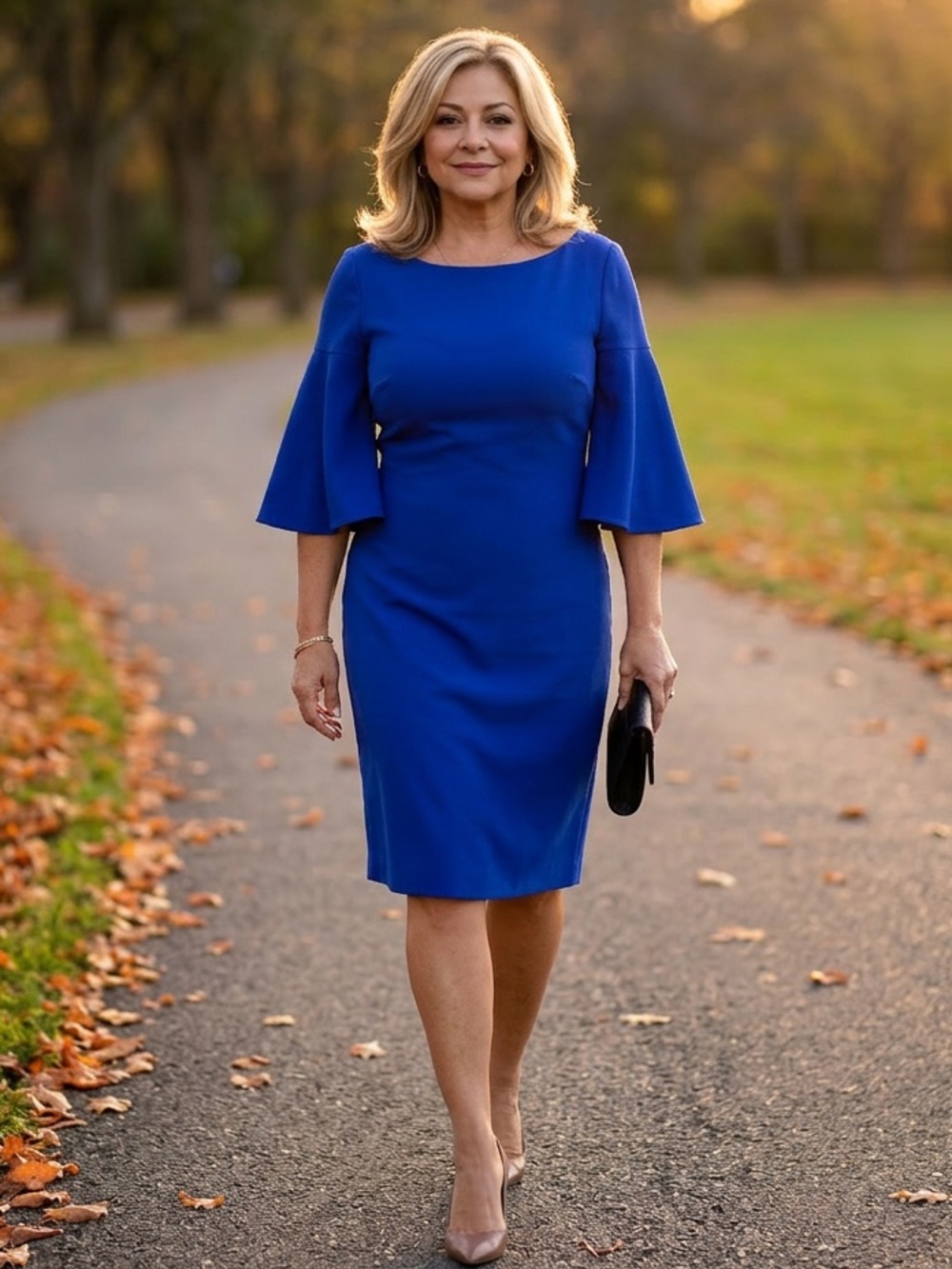 Eliza J Cobalt Blue Midi Sheath Dress with Flared Elbow Sleeves